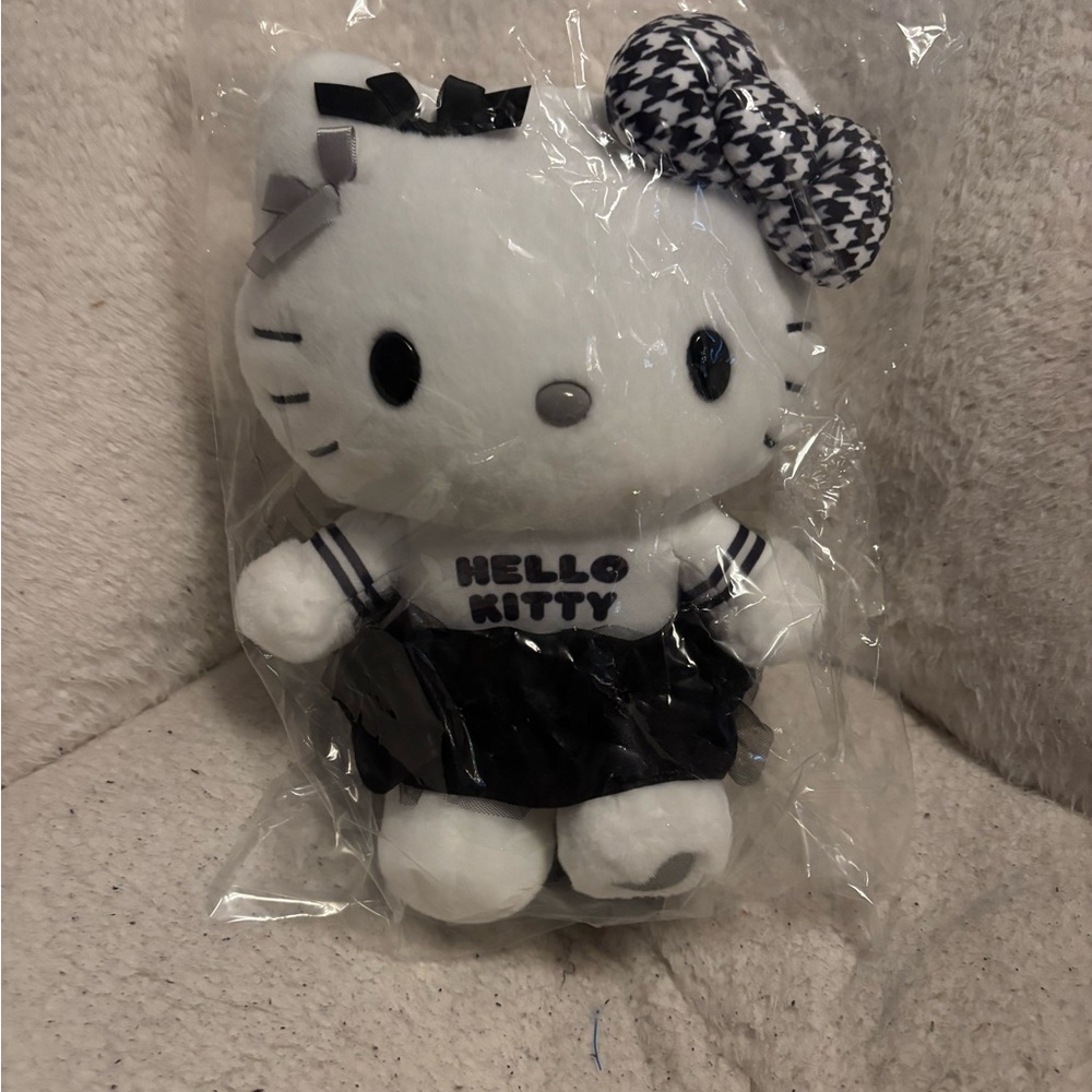 Sanrio Hello Kitty Black and White Silver Houndstooth Plushie NEW WITH TAGS 8”